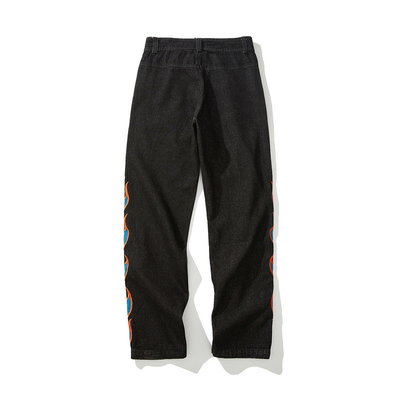 OEM Flame-Embroidered Men'S Jeans High Street Hip Hop Straight Pants