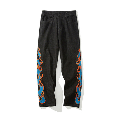 OEM Flame-Embroidered Men'S Jeans High Street Hip Hop Straight Pants