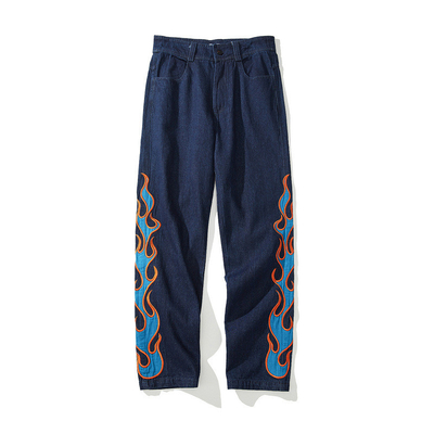 OEM Flame-Embroidered Men'S Jeans High Street Hip Hop Straight Pants
