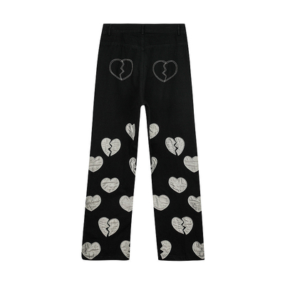 OEM Unisex Heart Shaped Patch Jeans Black Oversize Straight Leg Wide Pants
