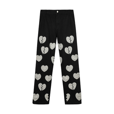 OEM Unisex Heart Shaped Patch Jeans Black Oversize Straight Leg Wide Pants
