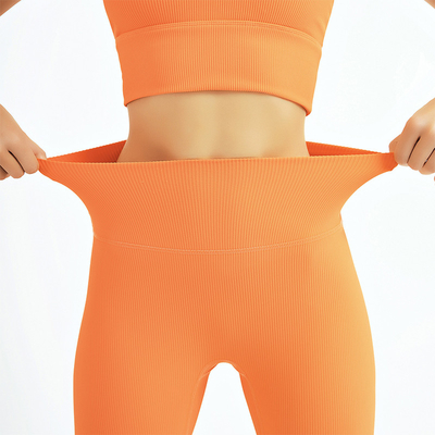 Adults High Waist GYM Fitness Leggings Orange Ribbed Workout Sets