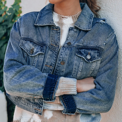 Cotton Spandex Flap Pocket Jean Jacket Button Up Ripped Distressed Denim Jacket