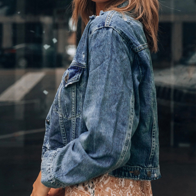 Cotton Spandex Flap Pocket Jean Jacket Button Up Ripped Distressed Denim Jacket